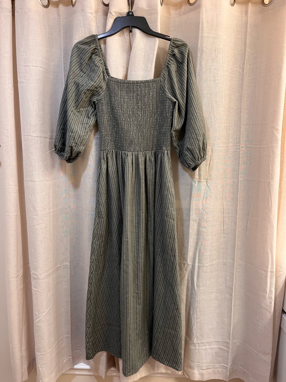 Neuflora Hartselle Smocked Square-Neck Maxi Dress in Olive Stripe